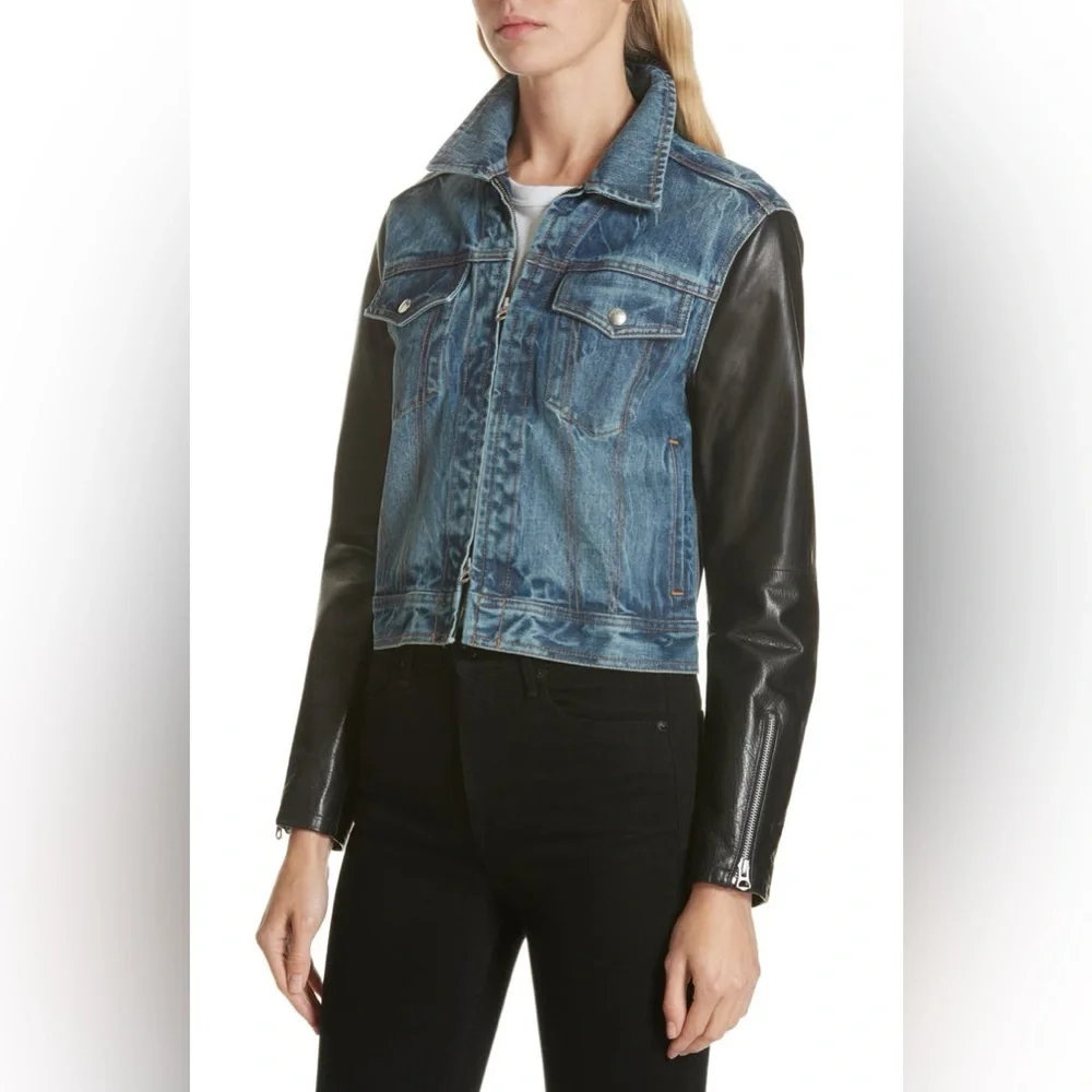 NWT $595 Rag Bone Nico Zip-front Denim Jacket With Leather Sleeves In Indigo